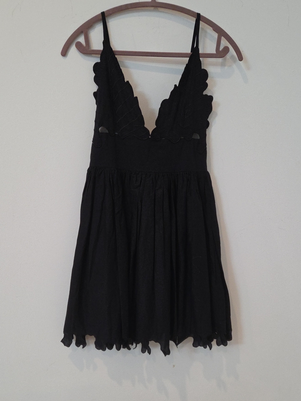 PQ Swim Beatrice Black Scalloped V-Neck Mini Dress with Spaghetti Straps NEW SM